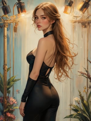 A beauty with a tall, sexy, and well-proportioned figure, dressed in fashionable clothes for a high-end cocktail party, exuding luxury and elegance with an aristocratic feel inspired by the most popular Paris and Italian fashions. The artwork features a detailed, realistic depiction in watercolor and gouache, showcasing a lifelike quality and masterpiece status. The 128K resolution captures colored light wavelengths, attractive reflections, and a fine gouache sketch of her full body on display. The modern art style highlights the beauty's allure and sophistication, the overhead spotlights cast a warm and cool mixture on both sides.  Yoruichi_flux