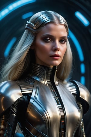 CG_v3, ((masterpiece, best quality)), (best quality, 4k,8k, high resolution, masterpiece: 1.2), ultra detailed, Masterpiece, highest quality, a princess, with an elagant ourlook, grim, long sliver hair,  high chin, in the style of futuristic space elements glamour, upper body, stefan gesell, algorithmic artistry, android jones, tim hildebrandt, pop art with a dark side consumer culture blade runner dune Hr Giger,style,concept,FuturEvoLab-Cyberpunk,Silver