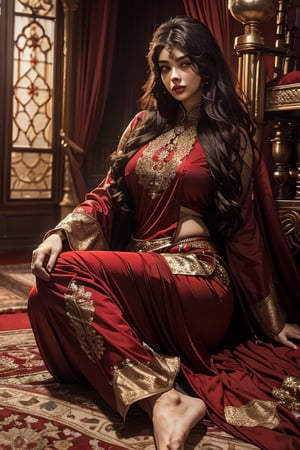 8k ultra high resolution, girl, wearing red classic lacey oriental art clothing, red skirt or trousers, wavy hair, slim long hour-glass body shape, (RAW photo, best quality), photorealistic, sexy erotic pose, sitting on her legs, over an elegant persian carpet full_body, (soft lighting), close view, DD_v1,photorealistic,realistic,nodf_lora,Mecha body,Indian