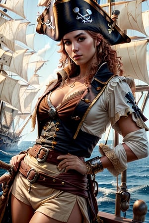 (8k, RAW photo, photorealistic:1.25), (highly detailed Caucasian skin:1.2), (1girl, solo, short hair, looking at viewer, blue eyes, pirate dress, upper body, red bandan with hibicus floral pattern, tan curly hair, wear a tan worn-off tricorn pirate hat with golden trim at the edge, no sleeves, thick belt with silver skull decorated, juliet sleeves, retro artstyle), mild scar on the chin, holding a sharp sabre in hands in fighting stance, A close up of the person, well sunlit, pirate ship at back, ulzzang, ((looking at viewer)), she has muscular arms,sexypirate