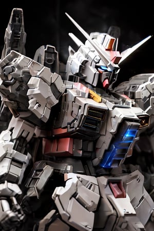 gundam mobile suit, big cannon, dark galaxy with earth in the background, solar light at the side. firing weapon, metors,  torso to the right,cinematic_grain_of_film,  ,BJ_Gundam