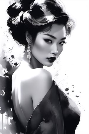 (((Iconic art illustration but extremely beautiful))), (((monochrome,grayscale,masterpiece, black ink)))(((elegant,gorgeous,voluptuous))) (((rich emotional,black ink))) (((by Kim Jung Gi style))),  ink ,maya2,marlyn_v1