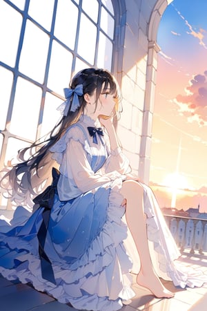 mature female gazing her cellphone next to the large windows, masterpiece, best quality, aesthetic, one piece sky blue lace dress, the loose dress covers the whole legs , bow tie on waist, 1girl, warm sunset light casted from the side, close view, masterpiece, best quality, masterpiece, best quality, aesthetic,watercolor \(medium\),wat3rc0l0r,1boy,xlinex,linewatercolorsdxl