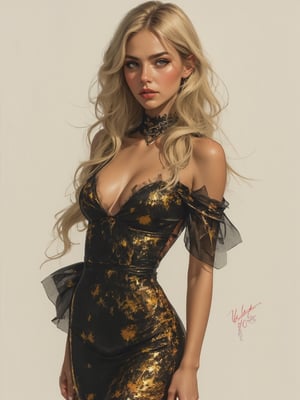 A beauty with a tall, sexy, and well-proportioned figure, dressed in fashionable clothes for a high-end cocktail party, exuding luxury and elegance with an aristocratic feel inspired by the most popular Paris and Italian fashions. The artwork features a detailed, realistic depiction in watercolor and gouache, showcasing a lifelike quality and masterpiece status. The 128K resolution captures colored light wavelengths, attractive reflections, and a fine gouache sketch of her full body on display. The modern art style highlights the beauty's allure and sophistication,Yoruichi_flux