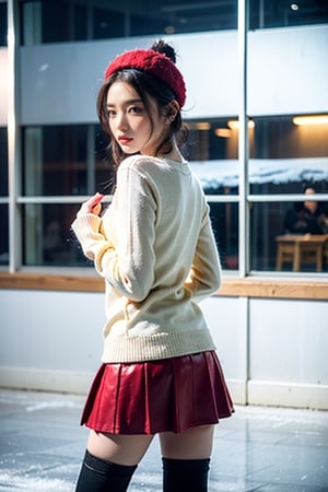 4k ultra high resolution, 1girl, hair tied back ,standing in an ice skating rink at night, stores with lights as backgrounds, snow accumulated on the window frames and ledges,  She wears colorful wool hat, wool sweater shirt, short skirt, light color stockings, dilraba, 