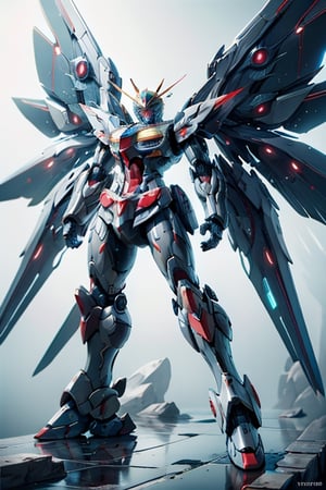 BJ_Gundam, wings, solo, blue_eyes, weapon, wings, gun, no_humans, glowing, robot, mecha, clenched_hands, floating, science_fiction, mechanical_wings, v-fin,cinematic lighting,strong contrast,high level of detail,Best quality,masterpiece,White background,. Extremely high-resolution details,photographic,realism pushed to extreme,fine texture,incredibly lifelike,tranzp