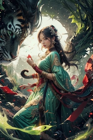 8k ultra high resolution, photo realistic, In front of temple, 1girl wearing red oriental art clothing, casts a huge light green hologram powerfully to envelope and surround her from her hand with energy momentum. The huge light green hologram with a giant tiger in fantasy and mysterious elements. Front close view. Low angle view. Close up view. Realistic. Ray-traced. Full length body. Oriental mysterious atmosphere, unreal, mystical, luminous, surreal, high resolution, sharp details, soft, with a dreamy glow, translucent, in 8k resolution, beautiful, stunning, a mythical being exuding energy, textures, breathtaking beauty, pure perfection, with a divine presence, unforgettable, and impressive.,r1ge,haifeisi