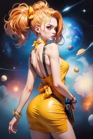 4k ultra high resolution, 1 girl, From behind, turn body to the front right side, one piece yellow and orange dress, bow tie on waist, a few bracelets, a designer purse, abstract space,masterpiece, best quality, aesthetic,watercolor \(medium\),wat3rc0l0r,More Detail