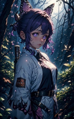 Best picture quality, high resolution, 8k, sharp focus, masterpiece, look at enemy behind viewer, purple hair with a large bow tie in the sahpe of butterfly, the glares in the purple pupil reflects the profile of her enemy. her wide white japanese robe embridered a wide and black bufferfly wing pattern. carrying a short katana at the side of waist belt, She hid behind a bush with one hand grasping handler of the katana and the other hand holding two ninja stars, moonlight shines through the overcast from the side into the shady and serene woods, shinobu_flux