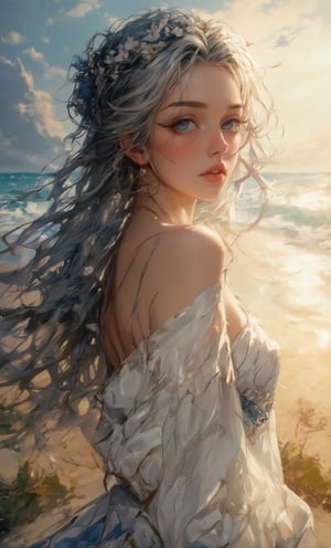 A serene woman with deep blue eyes and long, flowing hair decorated with a crown of daisies. She is dressed in a simple, white cotton dress. The background shows a blurred beach scene with gentle waves and a golden sunset.,Shinobu_RT_flux