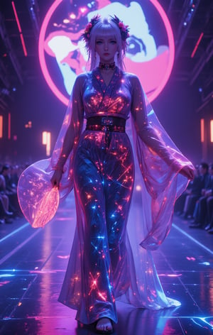 A futuristic fashion runway concept with a beautiful Caucasian woman in the center. She is wearing a traditional Japanese kimono witha futuristic twist. The kimono is made of translucent, glowing fabric and features wide, flowing sleeves, an elegantly tied obi sash, and a floor-length skirt. The garment is intricately embedded with LED patterns that showcase traditional Japanese motifs such as cherry blossoms, waves, cranes, and bamboo. The dress also has an ethereal, complex asymmetric blue pattern that glows and projects across the entire outfit. She has platinum blonde hair styled with straight bangs and an intricate braided hairstyle featuring a diamond pattern and multiple small braids. She is adorned with a large, gorgeous choker, and a floral headdress featuring an abundance of flowers in various colors. In her hand, she holds a traditional Japanese fan.,glowing,bright,luminous skin,glowing brightly,warm light,radiant,soft,glowing skin and vibrant, luminous features,glowing visual effects,glowing particles,neon,yoruichi_v2_flux,glowingstyle