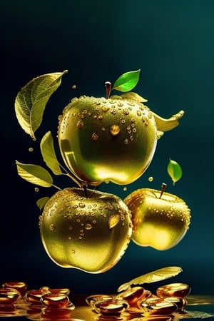 mutiple apples under water filling up the screen, 4k high resolution, gilded on the skin, glowing gold,Animal