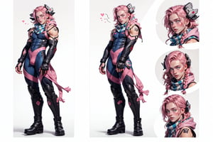  1 man, male face , braid pink hair, twink body, freckles face ,blue eyes  , kawaii ,perfect light,ruanyi0288,pink bodysuit,boots,mecha, a big white scarf,(CharacterSheet:1),(multiple views, full body, upper body, reference sheet:1)