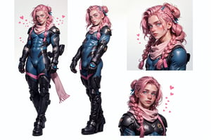  1 man, male face , braid pink hair, twink body, freckles face ,blue eyes  , kawaii ,perfect light,ruanyi0288,pink bodysuit,boots,mecha, a big white scarf,(CharacterSheet:1),(multiple views, full body, upper body, reference sheet:1)