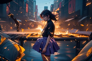  1 man, male face ,  freckles ,at night in the city  ,blue eyes , purple long hair , kawaii , wearing mini white skirt, harness, side brown bag, stockings BREAK,firefliesfireflies,r1ge