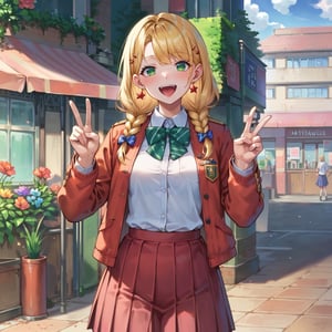 score_9, score_8_up, score_7_up, score_6_up, source anime, masterpiece, high quality,  
BREAK
1girl, outdoors, cowboy shot, looking at viewer, v, happy, school uniform, blond hair, green eyes, 