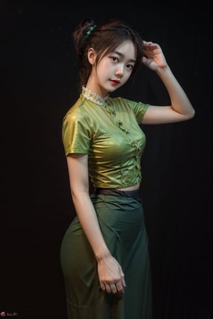 masterpiece, high quality:1.5), (8K, HDR), masterpiece, best quality, 1girl, solo, PrettyLadyxmcc,OrgLadymm,gradient black background,long_ponytail,(shirt color:clean green),(pose:dynamic),long_skirt