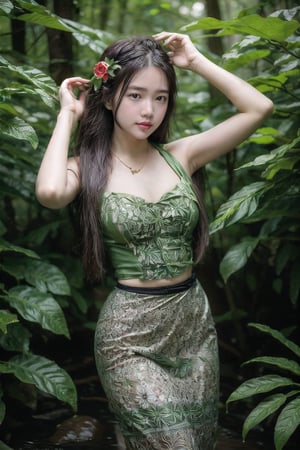 {{best quality}}, {{masterpiece}}, {{ultra-detailed}}, {illustration}, {detailed light}, {an extremely delicate and beautiful}, a girl,  messy floating hair, ,beautiful girl posing in winding, forest , 
Ah, a Tarzan girl adorned with leaves!  Now, that's a vision!  Imagine this:

A woman, strong and graceful, her body a canvas of nature's artistry.  She wears a skirt of vibrant green leaves, woven together with vines, cascading down her legs like a waterfall of emerald.  Her bodice is fashioned from a single, broad leaf, its veins like intricate lace, framing her shoulders and chest.  She's adorned with a crown of leaves, their edges shimmering with dew, and a necklace of colorful berries and flowers. 

[Fashion illustration, vibrant and organic, inspired by the works of Gustav Klimt and Alphonse Mucha, with a touch of botanical realism] [Focus on the textures of the leaves, dappled sunlight filtering through the canopy, lush green and vibrant colors, a sense of movement and fluidity]