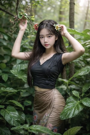 {{best quality}}, {{masterpiece}}, {{ultra-detailed}}, {illustration}, {detailed light}, {an extremely delicate and beautiful}, a girl,  messy floating hair, ,beautiful girl posing in winding, forest , 
Ah, a Tarzan girl adorned with leaves!  Now, that's a vision!  Imagine this:

A woman, strong and graceful, her body a canvas of nature's artistry.  She wears a skirt of vibrant green leaves, woven together with vines, cascading down her legs like a waterfall of emerald.  Her bodice is fashioned from a single, broad leaf, its veins like intricate lace, framing her shoulders and chest.  She's adorned with a crown of leaves, their edges shimmering with dew, and a necklace of colorful berries and flowers. 

[Fashion illustration, vibrant and organic, inspired by the works of Gustav Klimt and Alphonse Mucha, with a touch of botanical realism] [Focus on the textures of the leaves, dappled sunlight filtering through the canopy, lush green and vibrant colors, a sense of movement and fluidity]