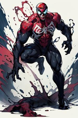 
spider man, toxin symbiote, full body, semi-muscular, full suit, red suit, red top, black bottom, black sneakers with red edges, red mask, big eyes, yellow eyes, black edges, domino mask, spider black, chest spider, big spider, big mouth, smiling mouth, sharp teeth, long tongue.,spideyadv2,blackspidy,venom