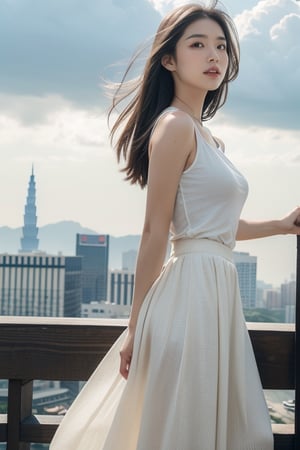 Raw photo,Masterpiece, high quality, best quality, authentic, super detail,

A young woman is wearing a light-colored round-neck top and a long skirt, with a happy expression. In the background to the right, there is a skyscraper seen from a low angle, while on the left, the sky is clear with a few clouds, and sunlight is gently falling on the woman.,taiwan,sll,Asian