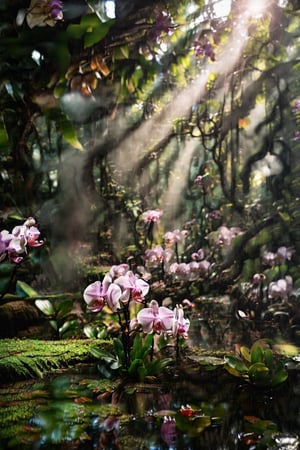 nature background, landscape, distortion, blur, meme, dreamcore, desaturation , brightness, chromatic distortion,analog photography, camera lens distortion, fantastic, daydream, liminal spaces, dreams, realistic nature, analog record, orchids, rain forest, cursed