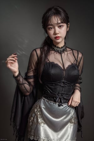 (masterpiece, high quality:1.5), (8K, HDR), masterpiece, best quality, 1girl, solo, PrettyLadyxmcc,OrgLadymm,long_ponytail,
Dress(Plunging Neckline, Cape Sleeves, Fitted Bodice, Banded Waist, Long A-Line Skirt, Sweep, Evening Dress, Imported, Dry Clean, Color: dove gray),
((Pose style:Random)),Perfect Body,long_ponytail,upper_body,neckless,((background:black_color))