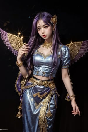 The image features a female character with a striking appearance. She has purple hair and is wearing a blue and gold outfit. The character is holding a golden staff with a purple gem at the top. Her wings are gold and blue, adding to her regal appearance. The character's pose and the surrounding elements suggest that she is a powerful figure, possibly a deity or a mythical creature. The overall style of the image is vibrant and colorful, with a fantasy theme.

