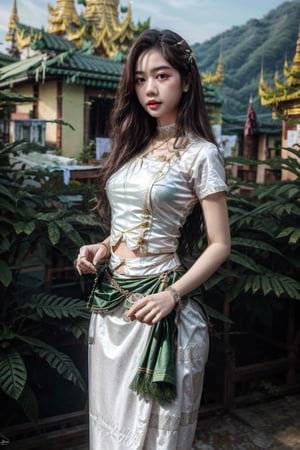 wearing acmmsayarma outfit, acmmsayarma ,Myanmar model ,long_hair,bracelet,outdoor,((green long skirt,white_shirt)),realistic,4k,detailed,wearing acmmstudent outfit