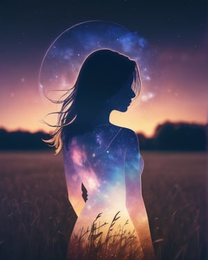 A close up fantastic image of a woman's outline containing the entire galaxy inside of her, as she stands in a field in summer at sunset, a soft aura surrounding her
