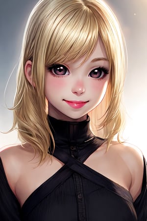 1girl, solo, looking at viewer, smile, blonde hair, closed mouth, black eyes, lips, realistic