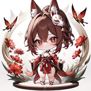 (masterpiece, best quality, absurdres, foreshortening), photo of a highly detailed, (full body:1.2), cute face ,
chibi, (beautiful detailed face), (beautiful detailed eyes),

(solo), sparkleHSR, standing, 1girl, betterHands, red gold-trimmed kimono, o-ring halterneck, hair ornaments, mole under both eyes, red string, flower tattoo, neck bell, fox mask on head, butterfly-shaped pupils, brown gradient hair, red spider lily, sparkle \(honkai: star rail\)