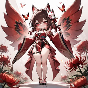 (masterpiece, best quality, absurdres, foreshortening), photo of a highly detailed, (full body:1.2), cute face ,
chibi, (beautiful detailed face), (beautiful detailed eyes),

(solo), sparkleHSR, standing, 1girl, betterHands, red gold-trimmed kimono, o-ring halterneck, hair ornaments, mole under both eyes, red string, flower tattoo, neck bell, fox mask on head, butterfly-shaped pupils, brown gradient hair, red spider lily, sparkle \(honkai: star rail\)