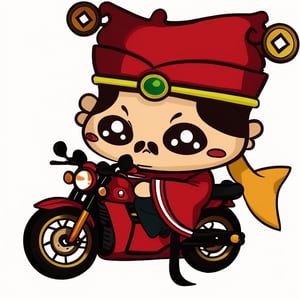 (1st boy),boy,red hat,hanfu,(White background), (SUPER CHIBI), chibi, full_body, Standing posture,chibi,walhing,(riding a motorcycle),happy,
