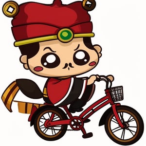 (1st boy),boy,red hat,hanfu,(White background), (SUPER CHIBI), chibi, full_body, Standing posture,chibi,walhing,(riding a bicycle),happy,