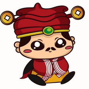 (1st boy),boy,red hat,hanfu,(White background), (SUPER CHIBI), chibi, full_body, Standing posture,chibi,（Get the toy）,smile, Standing posture