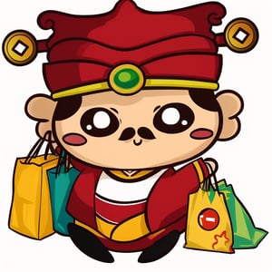 (1st boy),boy,red hat,hanfu,(White background), (SUPER CHIBI), chibi, full_body, Standing posture,chibi,walhing,(Hand holding shopping bag),happy,