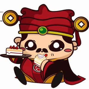 (1st boy),boy,red hat,hanfu,(White background), (SUPER CHIBI), chibi, full_body, Standing posture,chibi,（eating cake）,smile, Standing posture