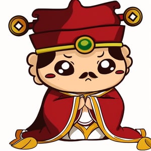 (1st boy),boy,red hat,hanfu,(White background), (SUPER CHIBI), chibi, full_body, Standing posture,chibi,( prayer gesture ),(Hands together),close eyes