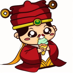 (1st boy),boy,red hat,hanfu,(White background), (SUPER CHIBI), chibi, full_body, Standing posture,chibi,walhing,(eat ice cream),happy,