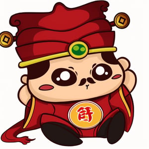 (1st boy),boy,red hat,hanfu,(White background), (SUPER CHIBI), chibi, full_body, Standing posture,chibi,walhing,(The hand is holding a piece of red diamond-shaped paper with the Chinese character "春" written on it),happy,