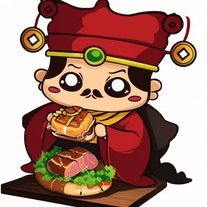 (1st boy),boy,red hat,hanfu,(White background), (SUPER CHIBI), chibi, full_body, Standing posture,chibi,(Clamp meat with Iron clamp)(Roast meat on barbecue plate),happy,