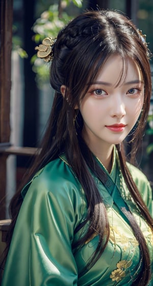 Best quality, masterpiece, super high resolution, 1 girl, beautiful face, detailed skin, looking at viewer, dark eyes, flowing hair, slim, Chinese, black hair, beautiful, magnificent, Chinese clothes, Elegance, Zhongjing portrait, Hanfu, ancient beauty, detailed faces,