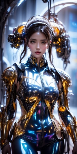 a girl, thunder yellow jacket, tight suit,Space helm of the 1960s,and the anime series G Force of the 1980s,Darf Punk wlop glossy skin, ultrarealistic sweet girl, space helm 60s, holographic, holographic texture, the style of wlop, space, ,Mecha,masterpiece