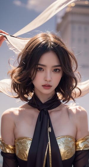 (extremely detailed CG unity 8k wallpaper),(((masterpiece))), (((best quality))), ((ultra-detailed)), (best illustration),(best shadow), ((an extremely delicate and beautiful)),dynamic angle,floating, solo,((1girl)),{long wavy curly hair},expressionless,,silk shawl, frills,cute anime face,blush,(beautiful detailed eyes),Extremely Realistic,1 girl ,Purple dress and gold scarf