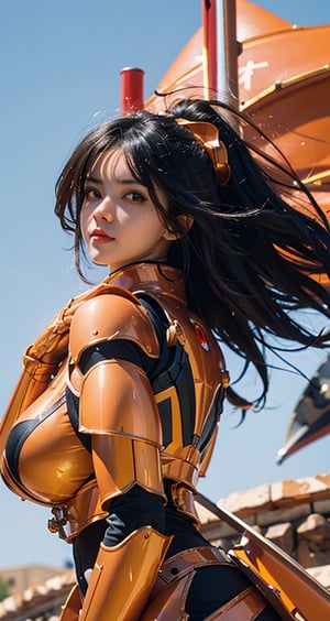 Best quality, masterpiece, ultra high res, 1 girl, beautiful face, detailed skin, gu, dragon,  black hair, blood, arm guards, looking at viewer, black eyes,, floating hair, orange,cool,Mecha,girl,FaceST1,best quality,1girl,milf