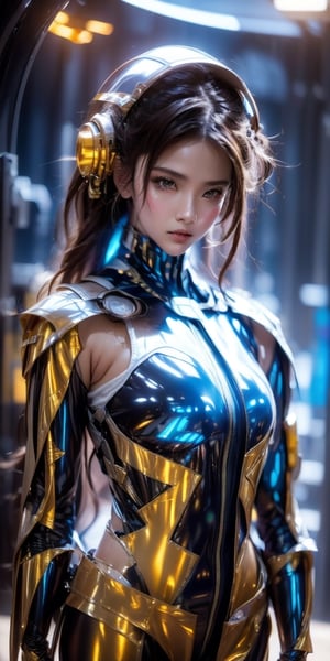 a girl, thunder yellow jacket, tight suit,Space helm of the 1960s,and the anime series G Force of the 1980s,Darf Punk wlop glossy skin, ultrarealistic sweet girl, space helm 60s, holographic, holographic texture, the style of wlop, space, ,Mecha,masterpiece