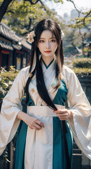 Best quality, masterpiece, ultra high res, 1 girl, beautiful face, detailed skin, looking at the viewer, black eyes, floating hair, slender, Chinese, black hair, pale skin,  straight_hair, beautiful, regal, chinese_clothes,  graceful, mid journey portrait, hanfu,ancient_beautiful,Detailedface,chinse zombie,cosplay costume , 