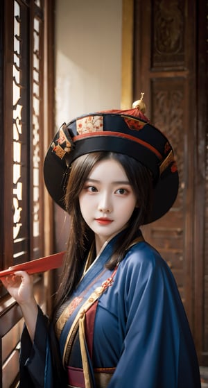 Best quality, masterpiece, ultra high res, 1 girl, beautiful face, detailed skin, looking at the viewer, black eyes, floating hair, slender, Chinese, black hair, pale skin,  straight_hair, beautiful, regal, chinese_clothes,  graceful, mid journey portrait, hanfu,ancient_beautiful,Detailedface,chinse zombie,cosplay costume , zombie,jiangshi