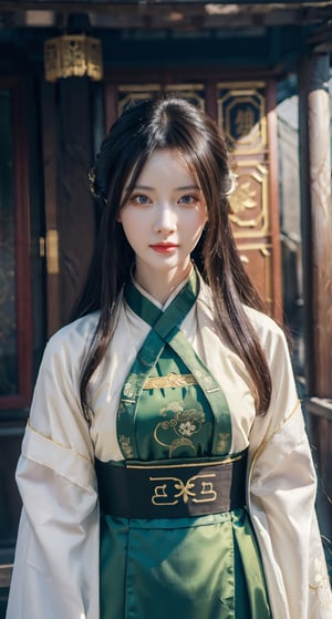 Best quality, masterpiece, ultra high res, 1 girl, beautiful face, detailed skin, looking at the viewer, black eyes, floating hair, slender, Chinese, black hair, pale skin,  straight_hair, beautiful, regal, chinese_clothes,  graceful, mid journey portrait,  hanfu, ancient_beautiful, Detailedface, zombie, cosplay costume , 